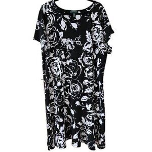 Lauren Ralph Lauren Dress Womens 3X Black White Floral SS Ruffled Hem Belt Midi